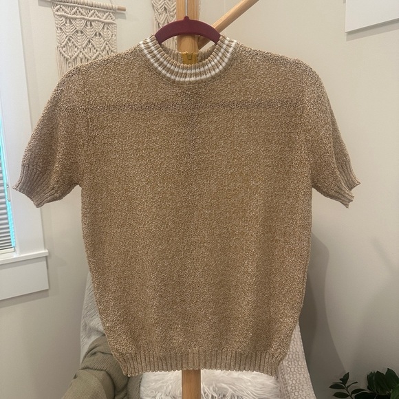 Tops - Vintage Tan Short Sleeve Knit Mock Neck Sweater Back Zip Women’s M